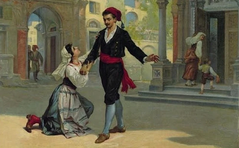 Oléographie de Rauzzini (1891) représentant des scènes de l'opéra Cavalleria Rusticana de Pietro MASCAGNI